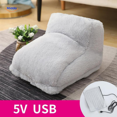 Grey heated foot warmer showing USB connection port.