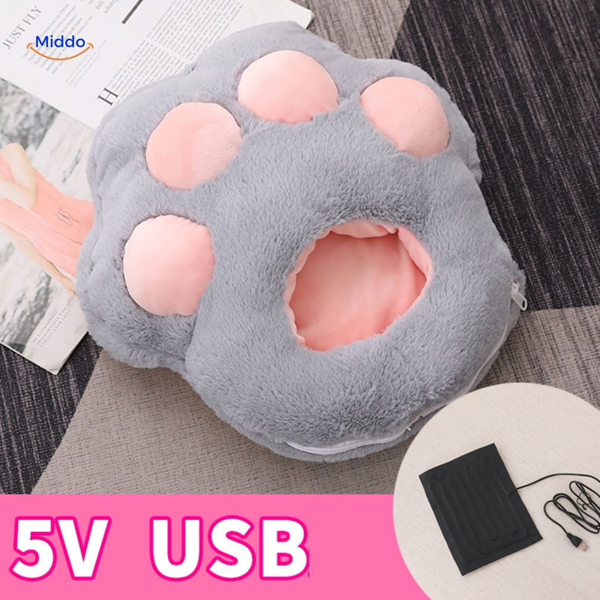 Grey heated foot warmer with pink paws for playful comfort.