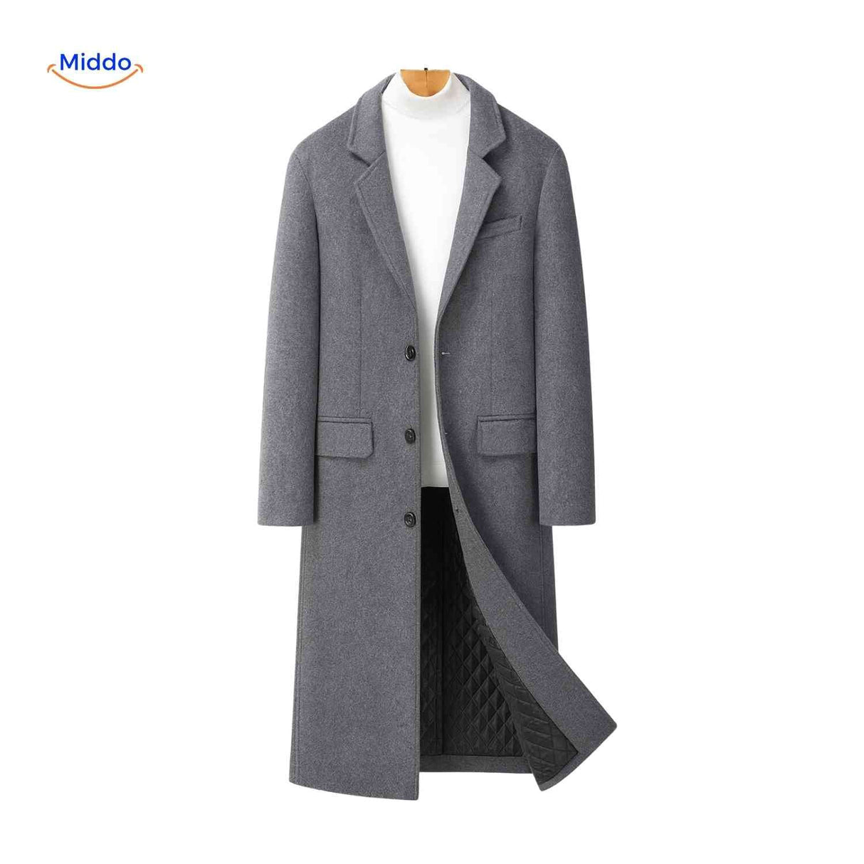 Grey long mens wool winter overcoat full-length front view on a model.