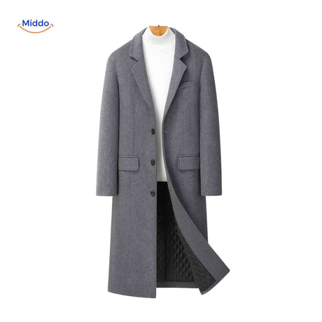 Grey long mens wool winter overcoat full-length front view on a model.