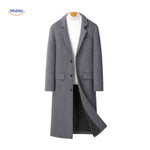 Grey long mens wool winter overcoat full-length front view on a model.