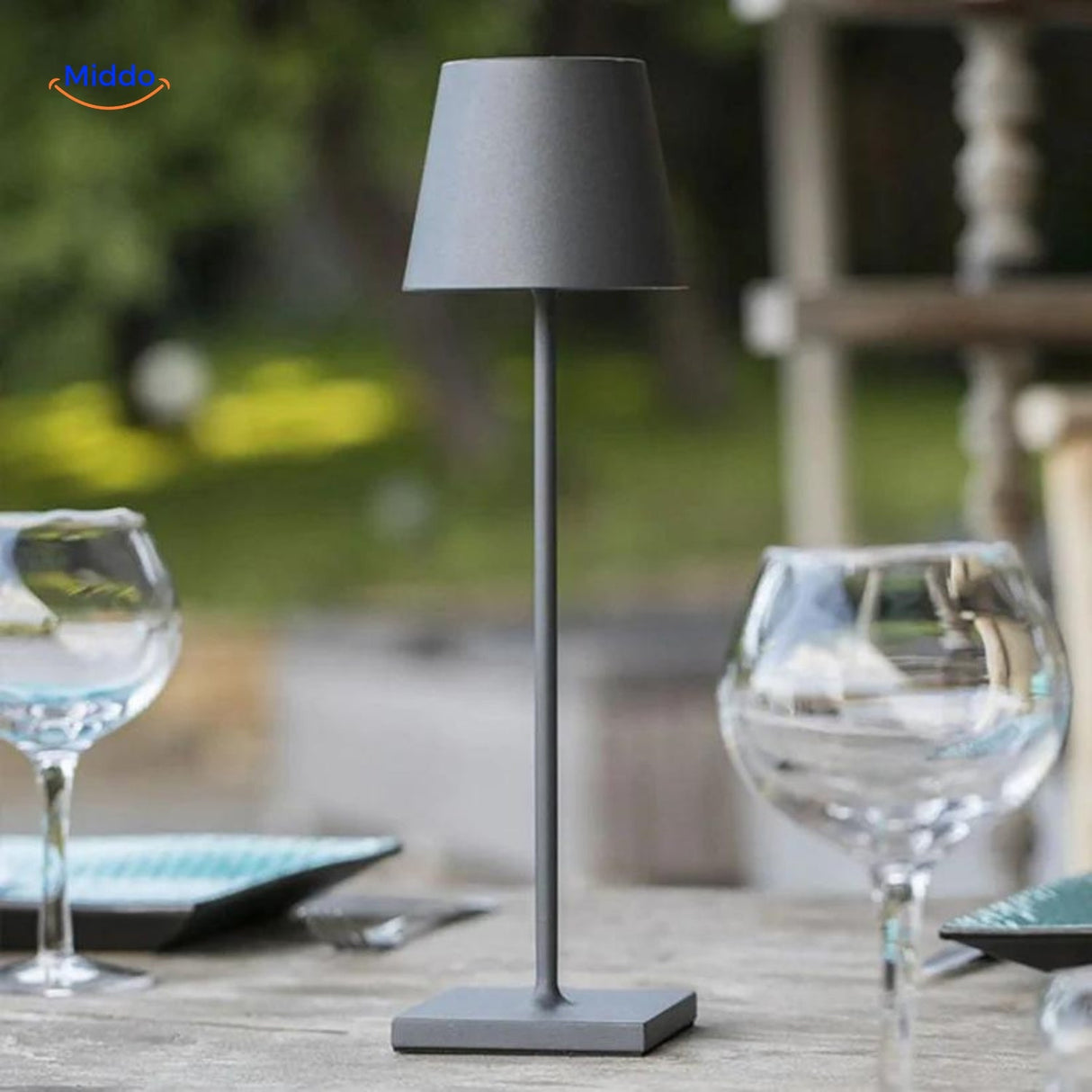 Grey portable dimmable LED lamp with contemporary design.