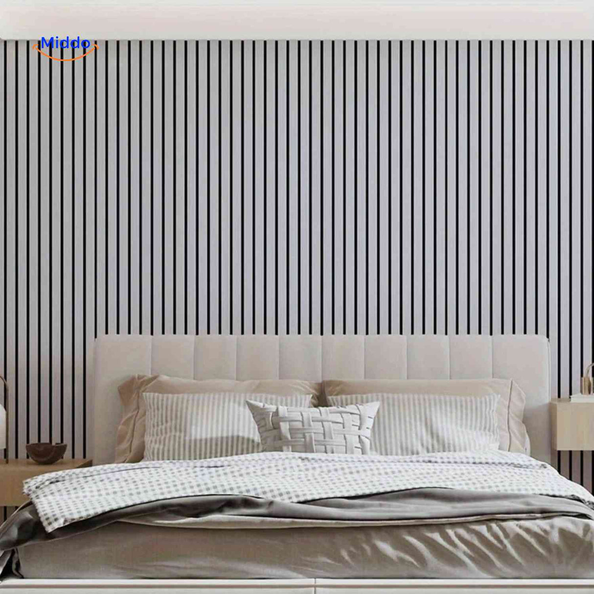 Grey wood-look slat wall panels mounted as a bedroom headboard accent wall.