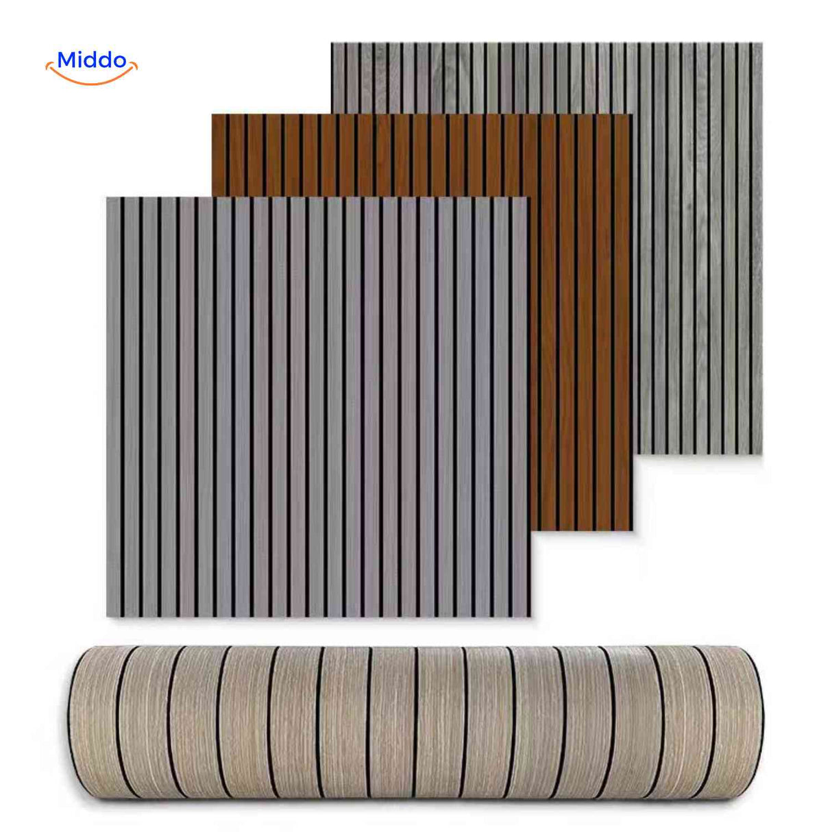 Grey wood-look 3D slat wall panel roll shown as a product flatlay.