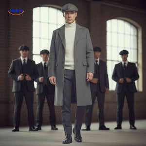 Grey wool long winter coat for men, front-facing product view on a model.