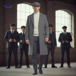 Grey wool long winter coat for men, front-facing product view on a model.