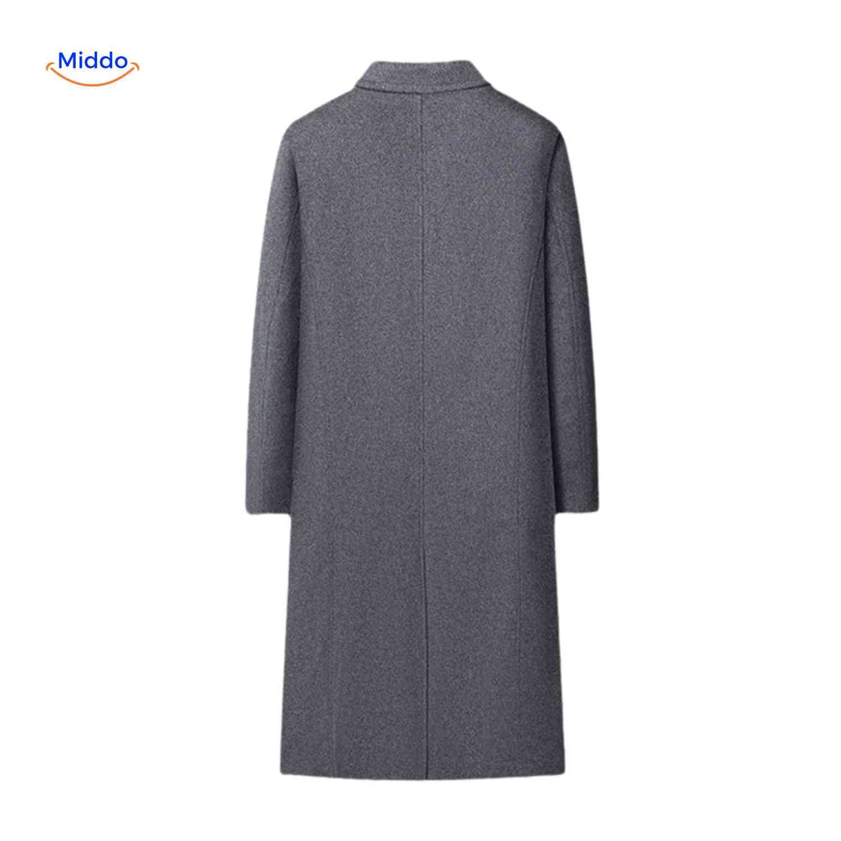 Back view of the grey mens long wool overcoat showing coat length and fit.
