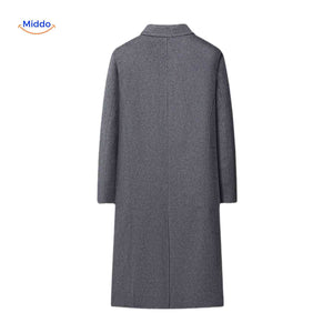 Back view of the grey mens long wool overcoat showing coat length and fit.