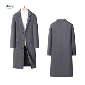 Grey long wool overcoat shown from both front and back to display full silhouette.