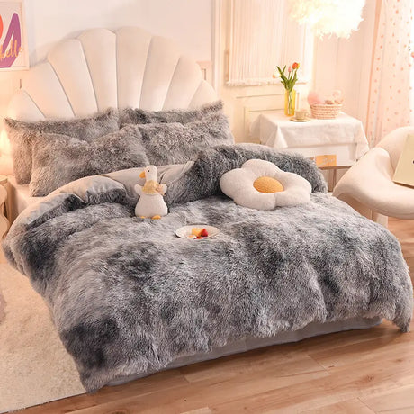 Teddy Fluffy fleece bedding set in Gray Tie-Dye