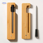 Wireless smart meat thermometer in protective bamboo casing design.