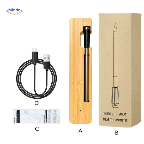 Wireless meat thermometer with USB charging cable included.