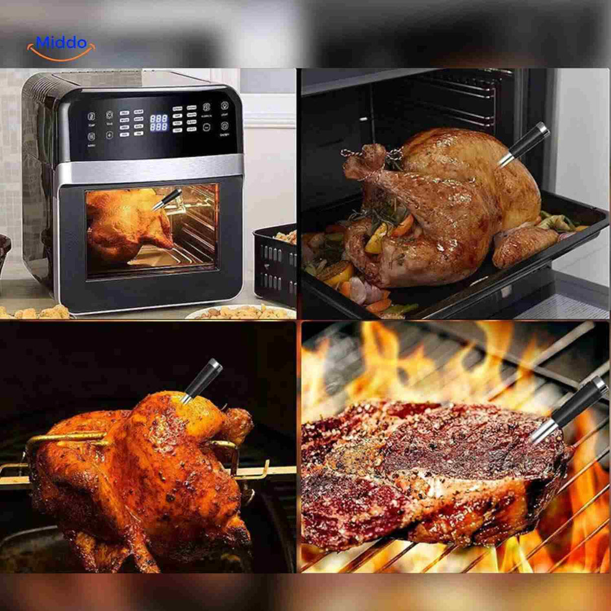 Meat thermometer in use for oven and grill cooking with app management.