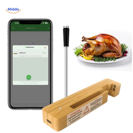 Smart meat thermometer with cooking time tracking and integrated app controls.