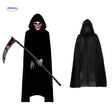 Complete grim reaper Halloween costume with black cape, skeleton mask, and sickle.