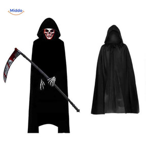 Complete grim reaper Halloween costume with black cape, skeleton mask, and sickle.