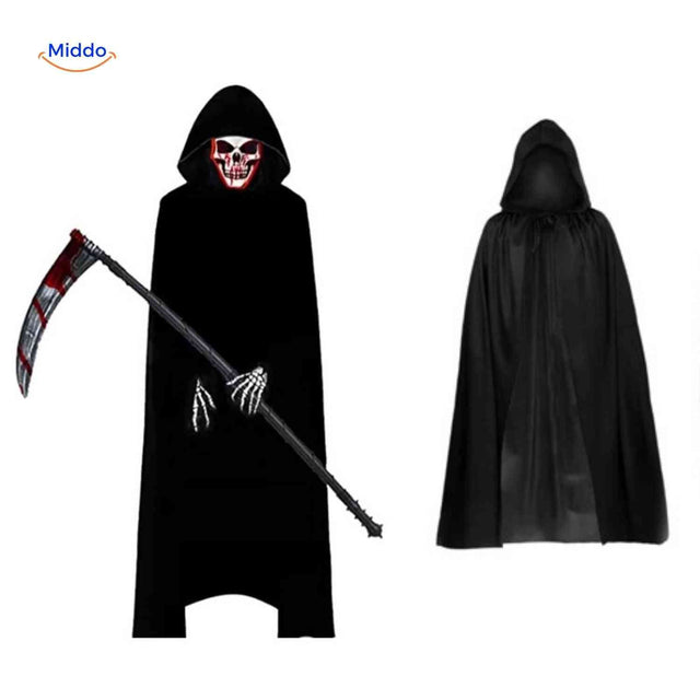 Complete grim reaper Halloween costume with black cape, skeleton mask, and sickle.