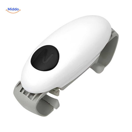 Grip-friendly jar opener with large button for comfortable one-hand use.