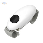 Grip-friendly jar opener with large button for comfortable one-hand use.