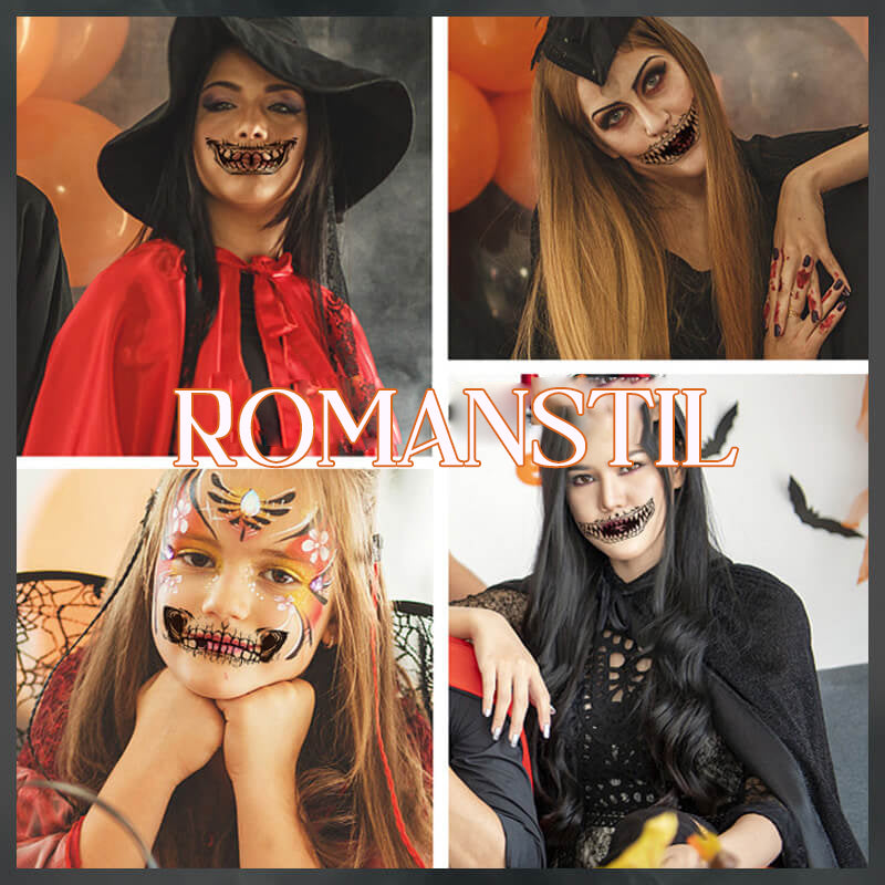 Group of friends wearing coordinated Halloween horror temporary tattoos for costume.