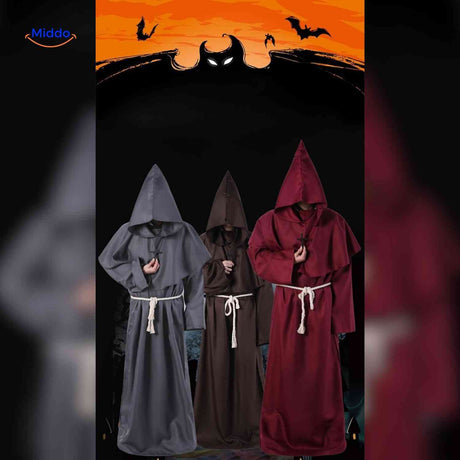 Multiple people wearing hooded monk robes for group halloween costumes.