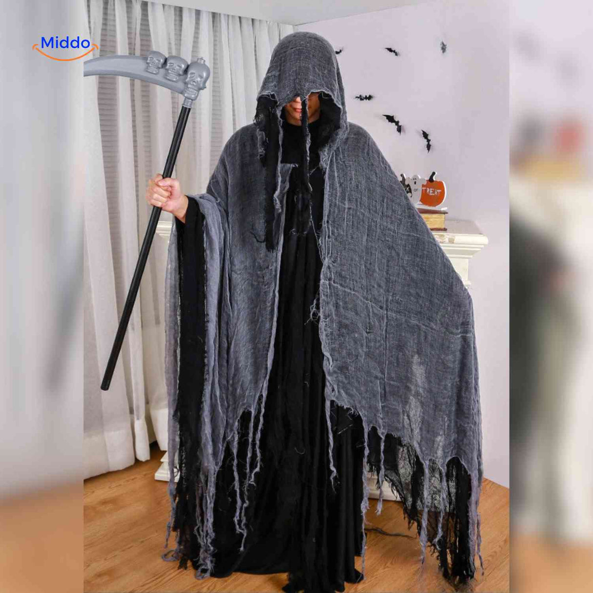 ShadowReap dark gray halloween cape with scythe death shroud