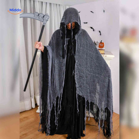 ShadowReap dark gray halloween cape with scythe death shroud