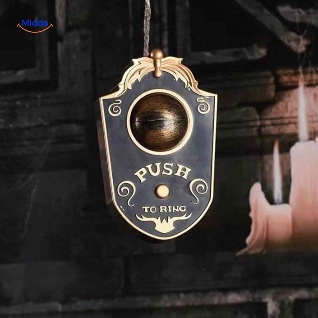 Halloween doorbell glowing eye close-up detail view