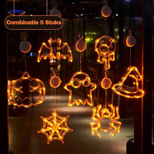 Full range of Halloween LED window lamp shapes including pumpkin, ghost, bat, spider, web, witch hat, and eye.