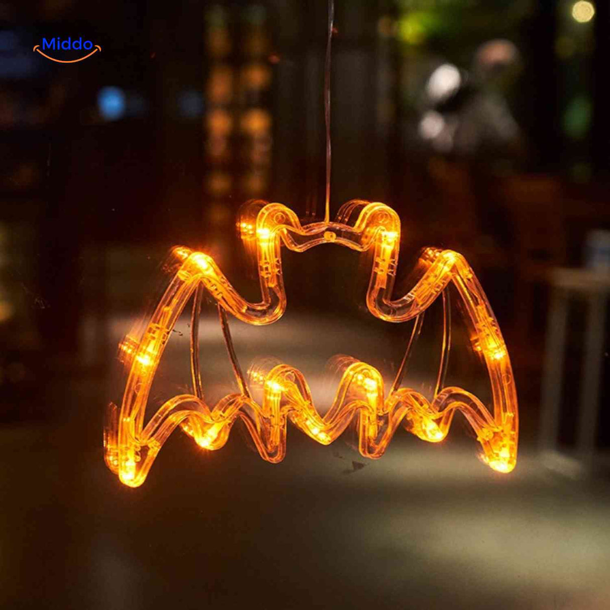 Halloween LED window lamp with glowing bat silhouette, adding spooky orange light to any window.