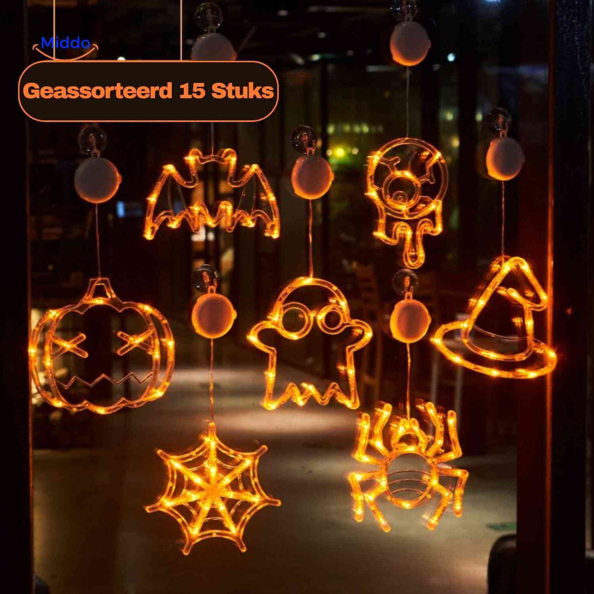 Assorted 15-piece Halloween LED window lamp set, ideal for large Halloween window display arrangements.