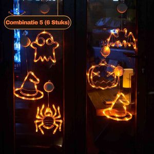 Six-piece Halloween LED window lamp set with pumpkin, spider, bat, ghost, and witch hat shapes.