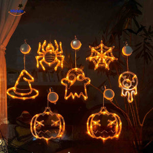 Eight-piece Halloween LED window lamp set featuring spider, web, ghost, eye, pumpkin, and witch hat.
