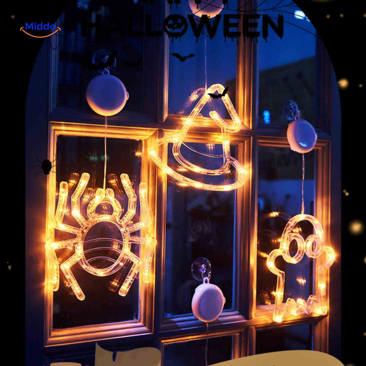 Halloween LED window lamps showing spider, witch hat, and ghost shapes glowing in a decorated window.