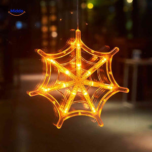 Halloween LED window lamp in a spiderweb shape, glowing orange for atmospheric Halloween decor.