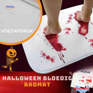 Halloween prank bath mat showing realistic bloody footprints.
