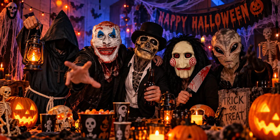 Halloween masks and skeleton costume at a Halloween party