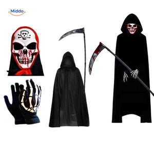 Halloween costume featuring skeleton mask, flowing black cape, and plastic sickle accessory.