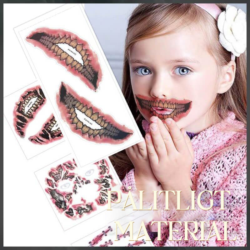 Kids temporary tattoo kit for Halloween showing easy application of horror designs.