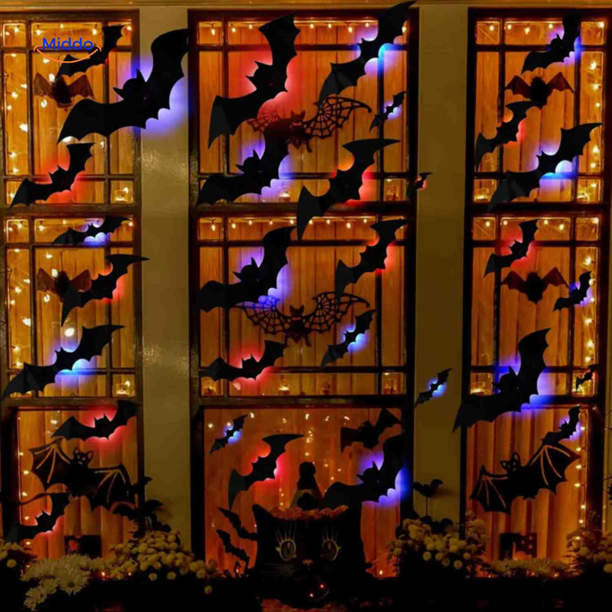 LED bat light decoration on window for Halloween display.
