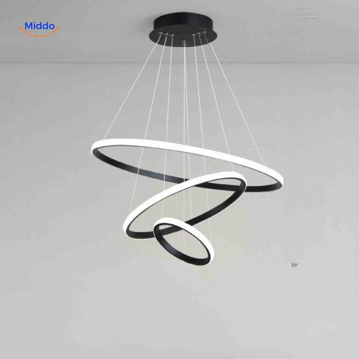 Black modern halo ring pendant with three LED rings for adjustable ambient lighting.