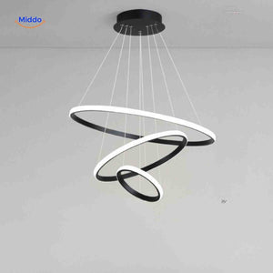 Black modern halo ring pendant with three LED rings for adjustable ambient lighting.
