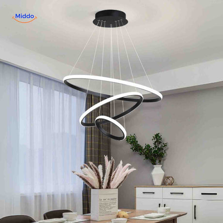 Black contemporary halo ring chandelier with dimmable three-ring LED design.