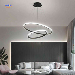 Black minimalist halo ring chandelier LED pendant with two rings in living room.