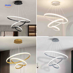 Halo ring pendant light available in black, white, gold, and silver finishes.