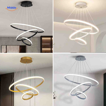 Halo ring pendant light available in black, white, gold, and silver finishes.