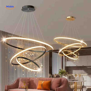 Luxury halo ring chandelier LED hanging light in contemporary dining room setting.