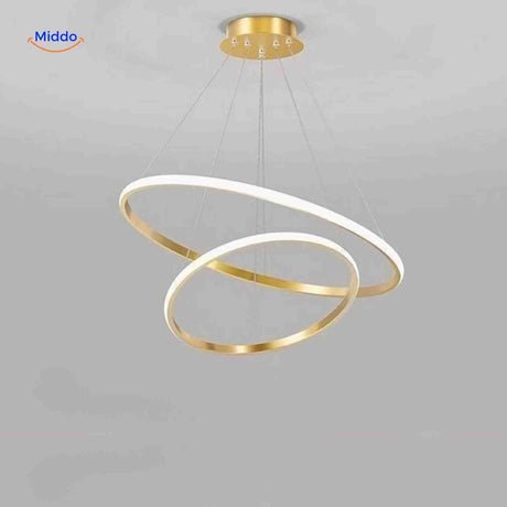 Gold dimmable halo ring chandelier with two LED rings for modern home lighting.