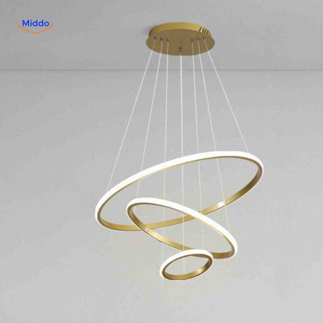 Gold energy-efficient halo ring pendant with three LED rings.