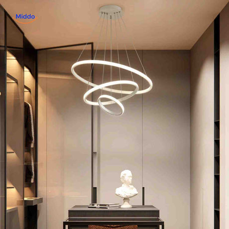 Halo ring pendant light installed in modern living room with adjustable brightness.